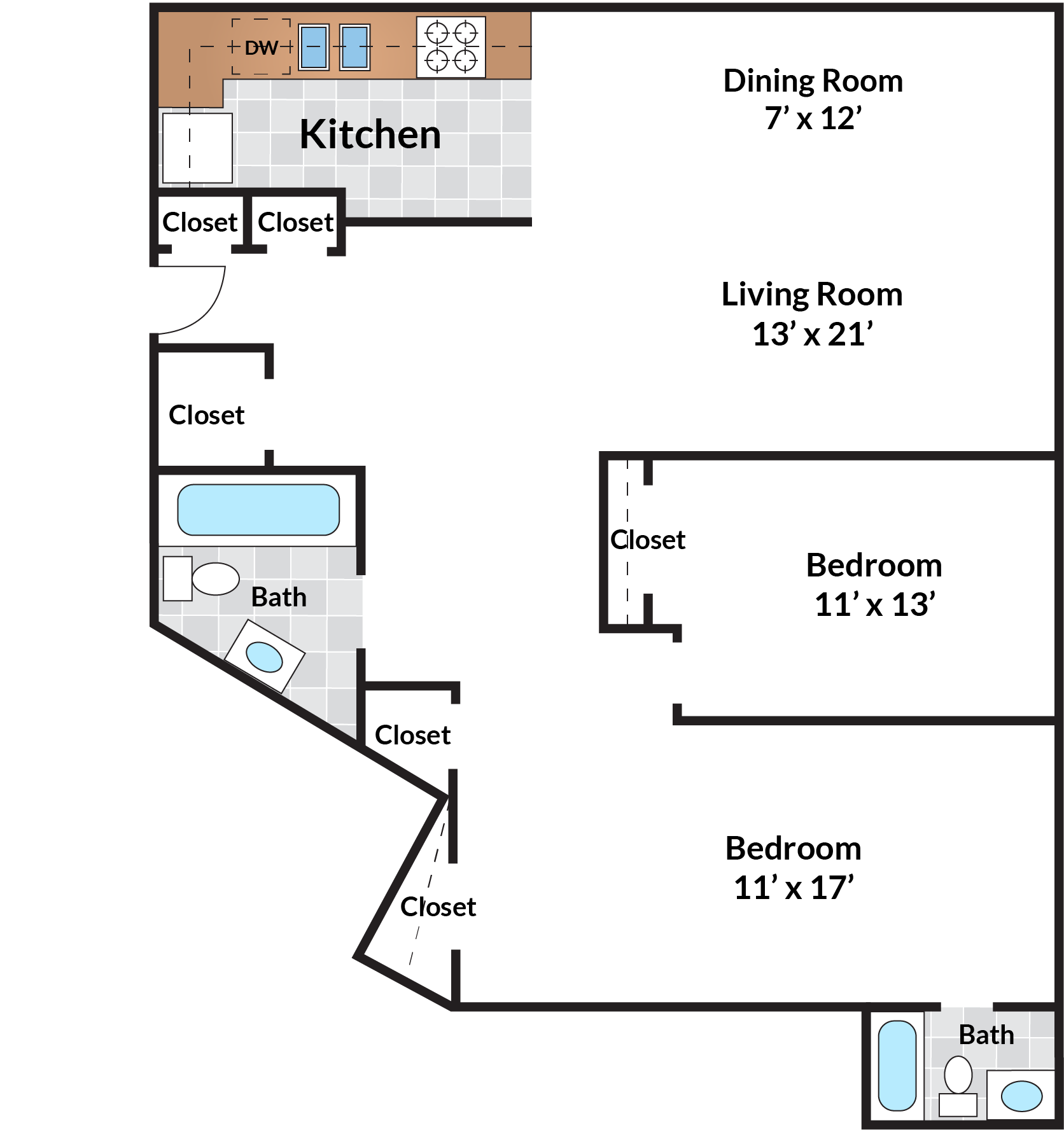Floor plan for 2 beds, 2 baths, 1102 sqft